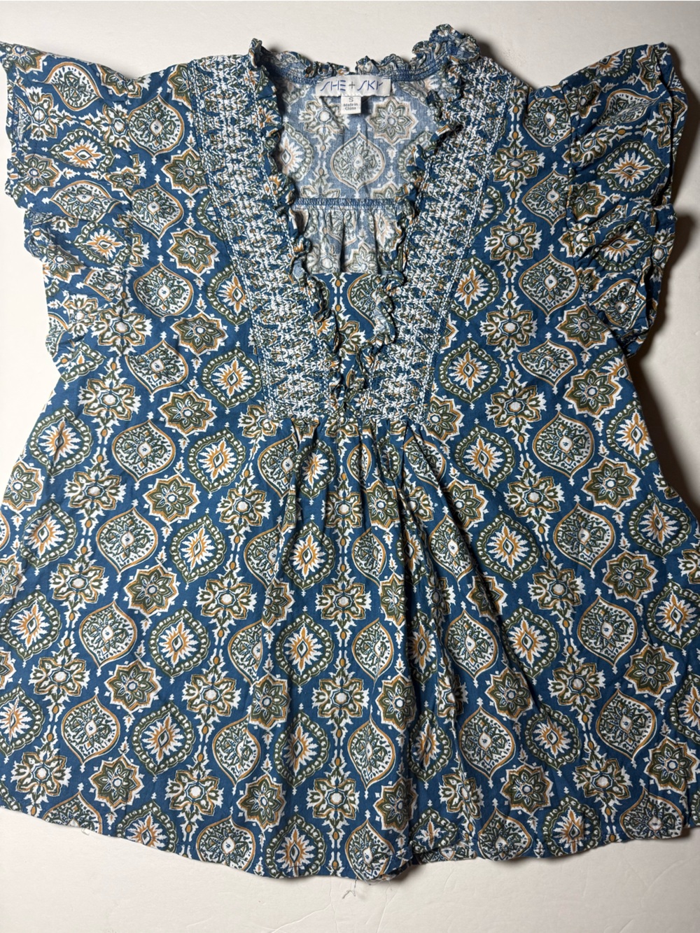 She + Sky Small 100% Cotton Blue Boho Medallion Smocked Ruffle Top Fall